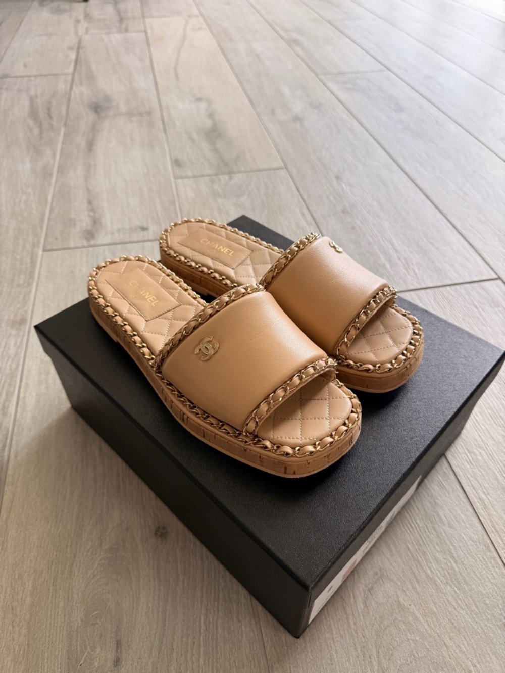 CHANEL Tan Leather Quilted Slide Sandals with Braided Trim